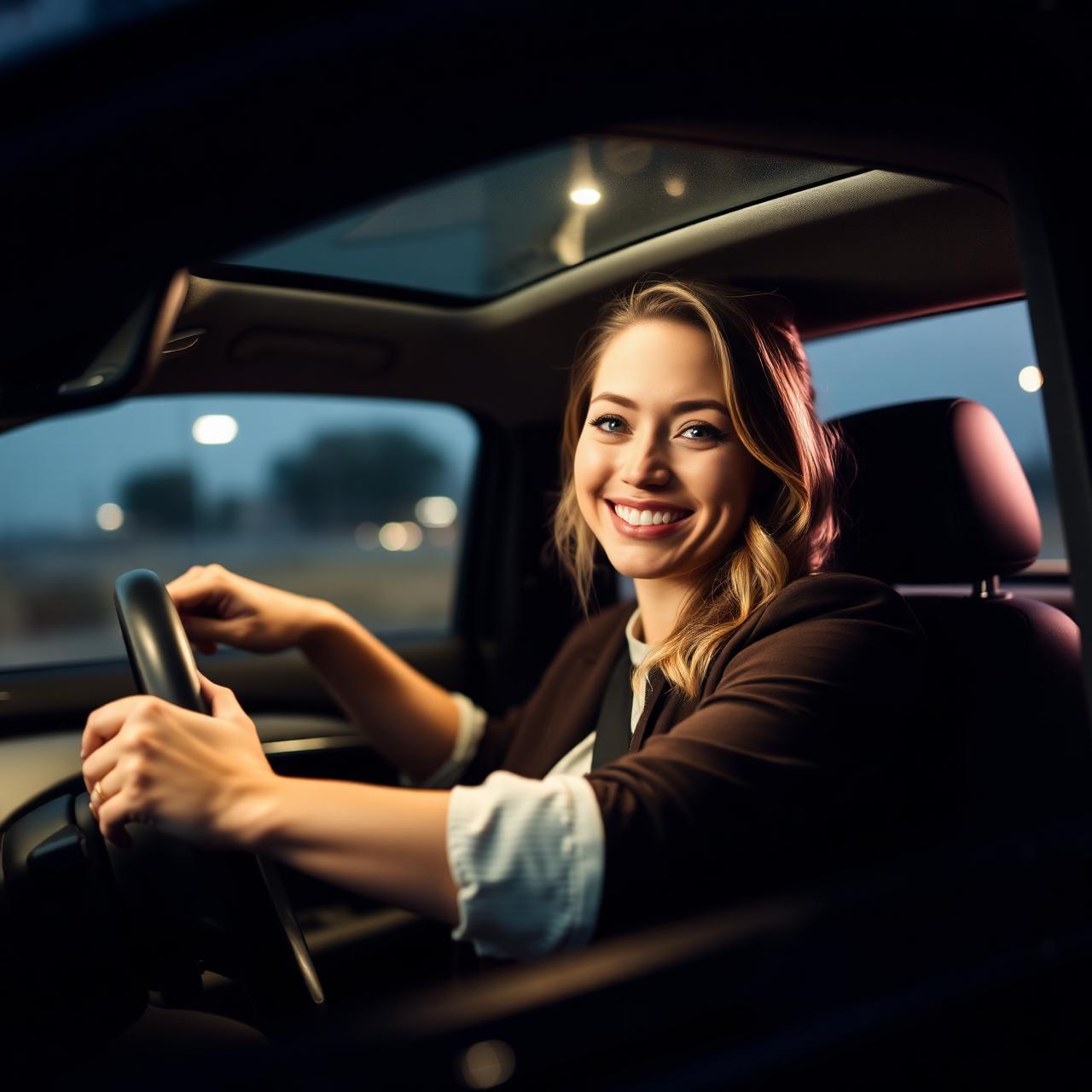 Motorista mulher sorrindo no carro