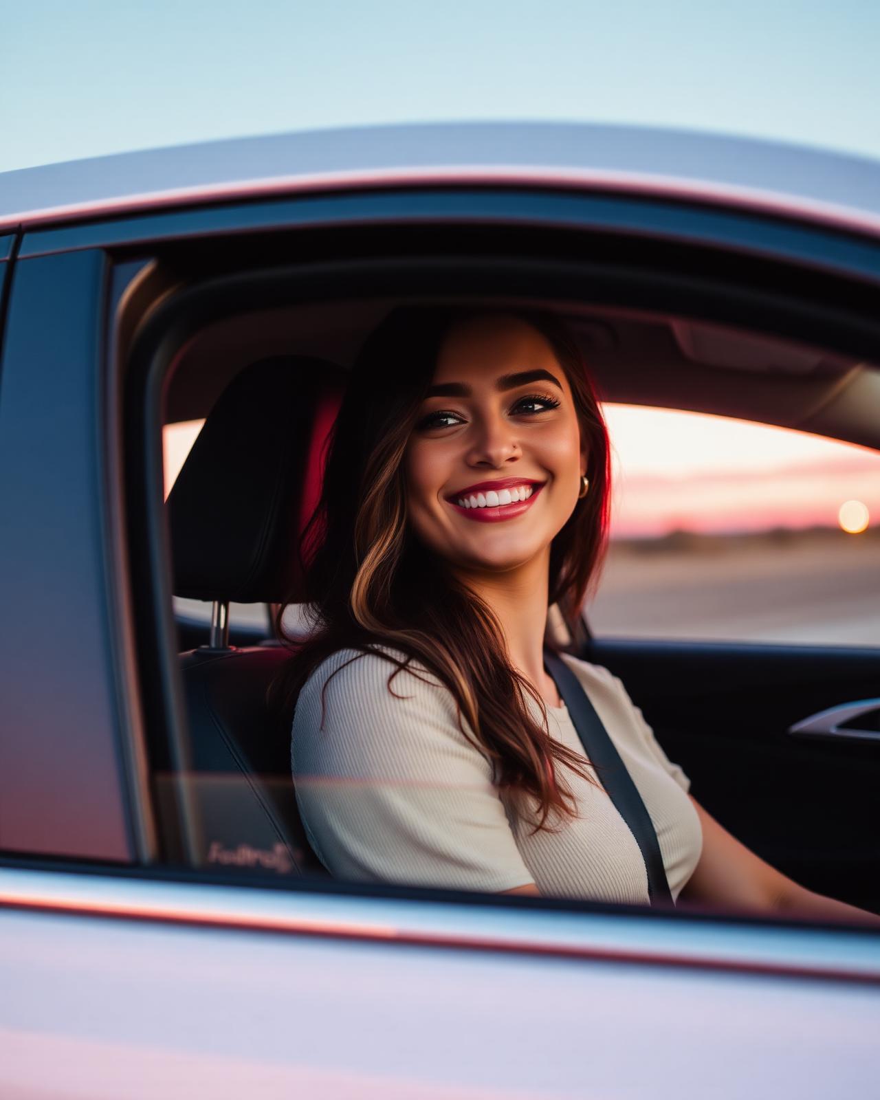 Passageira sorrindo dentro de um carro ao entardecer