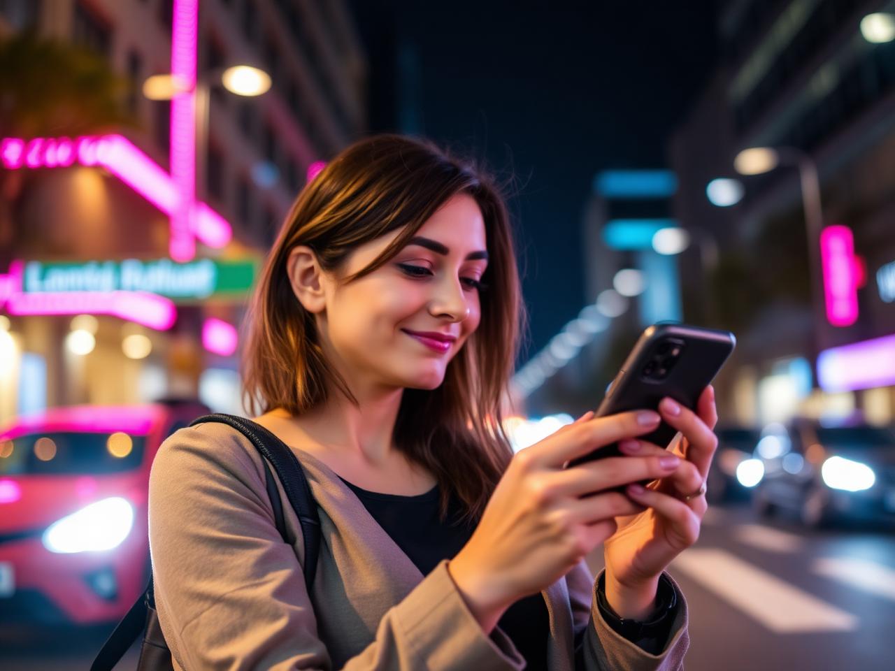 Mulher usando o aplicativo na rua à noite